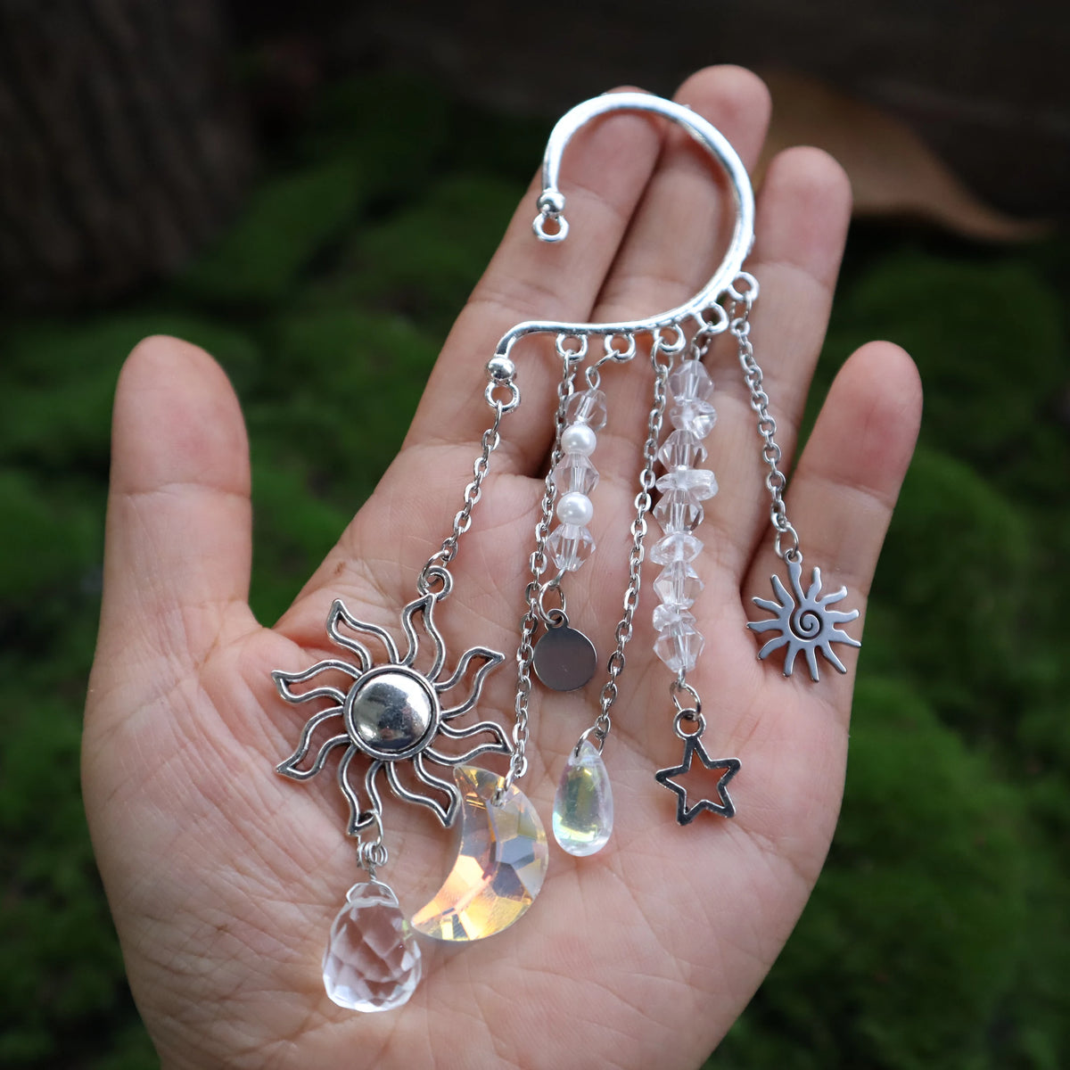 Natural Quartz Crystal Charm Ear Cuffs Sun Moon Single Ear Clip