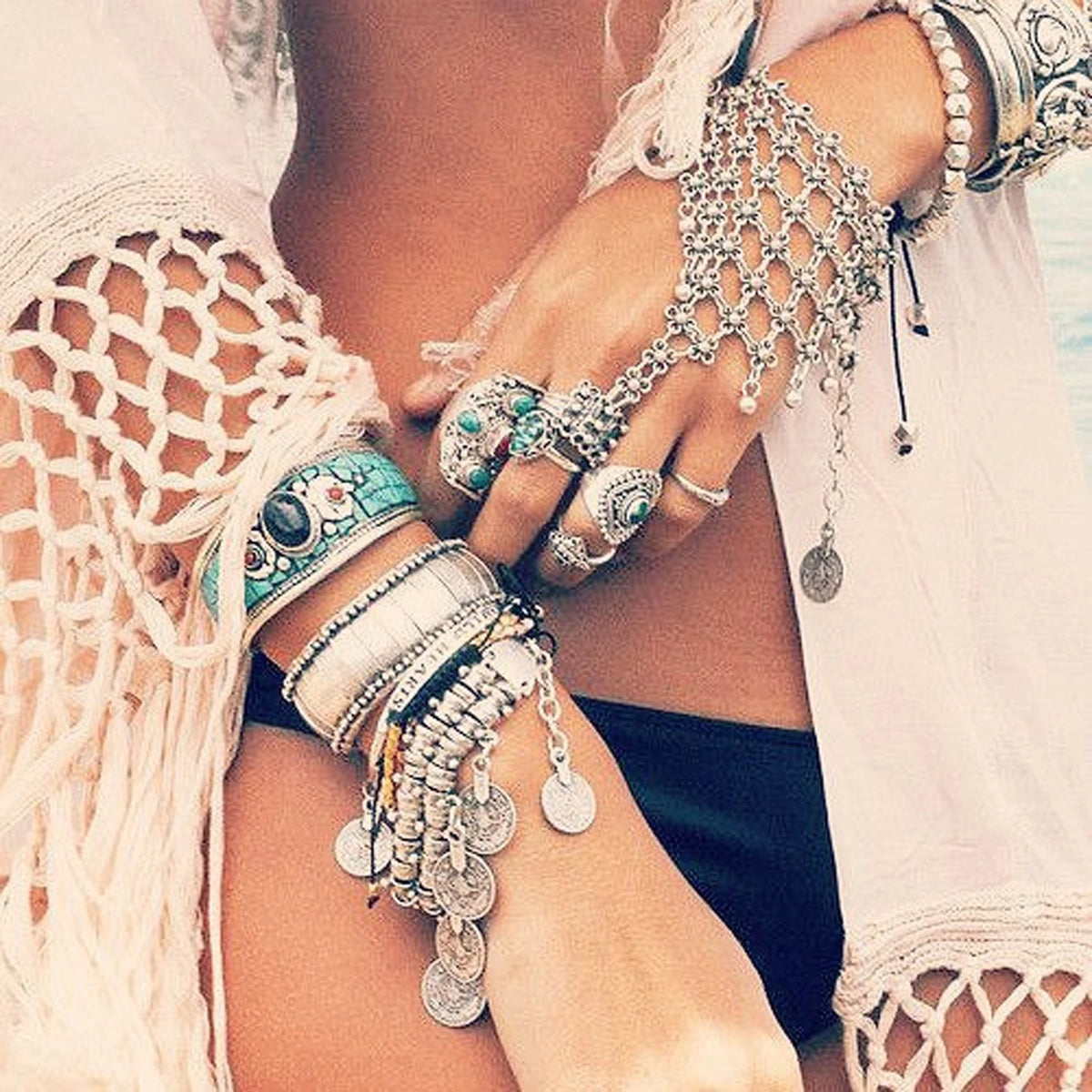Bohemian Metal Lace Finger Bracelet Festival Turkish Slave Bracelets Gypsy Tribal