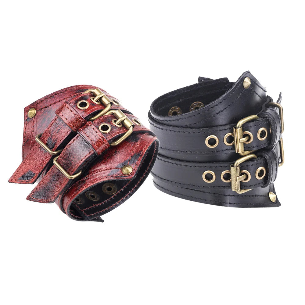 Genuine Leather Men's Wide Leather Wrist Cuff Buckle Bracelet