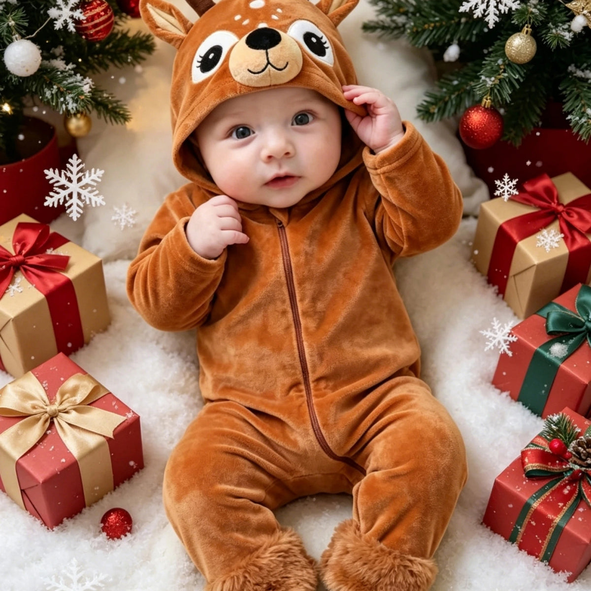 Baby Reindeer Costume Toddler Girls Boy Cute Plush Zipper Deer Hooded Romper for Christmas