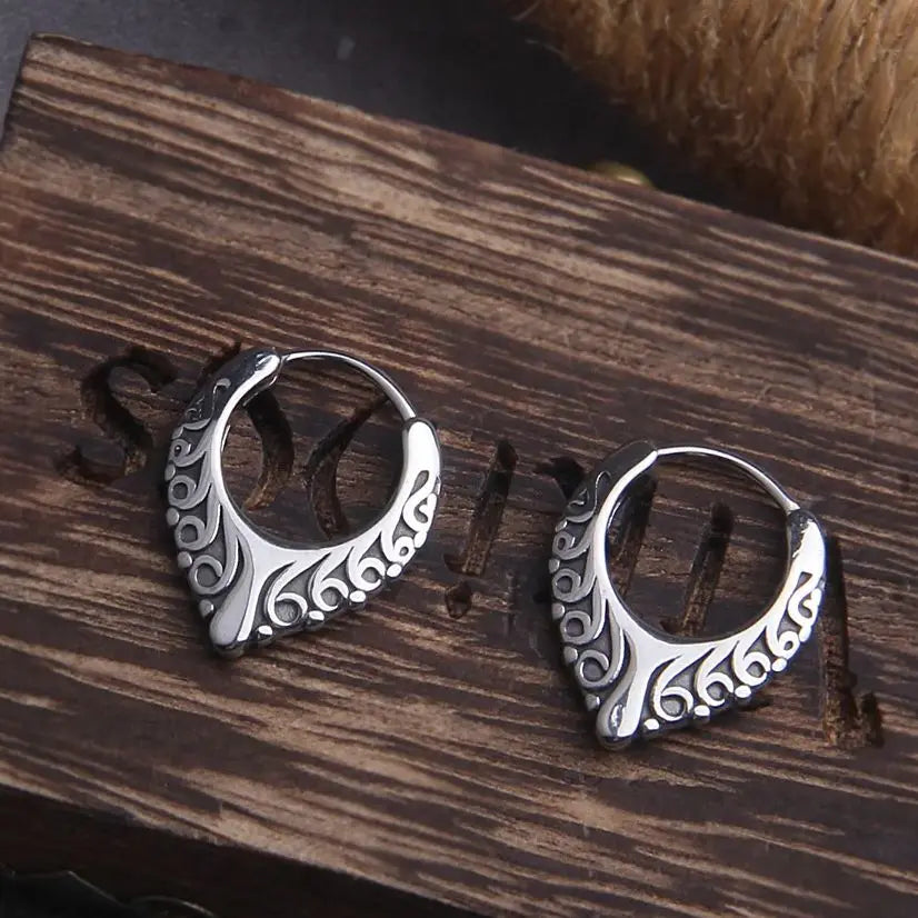 Viking V Tendrils Stainless Steel Huggie Hoop Earrings for Men with Wooden Box