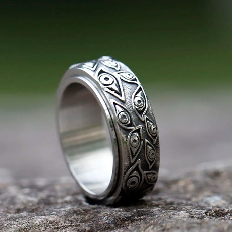 Japanese Mythology Carved Eyes Stainless Steel Rotatable Ring Anxiety Fidget Turning Ring