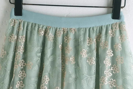 Primrose's Floral Tulle Skirt Embroidered Lace High Waist Midi Skirt