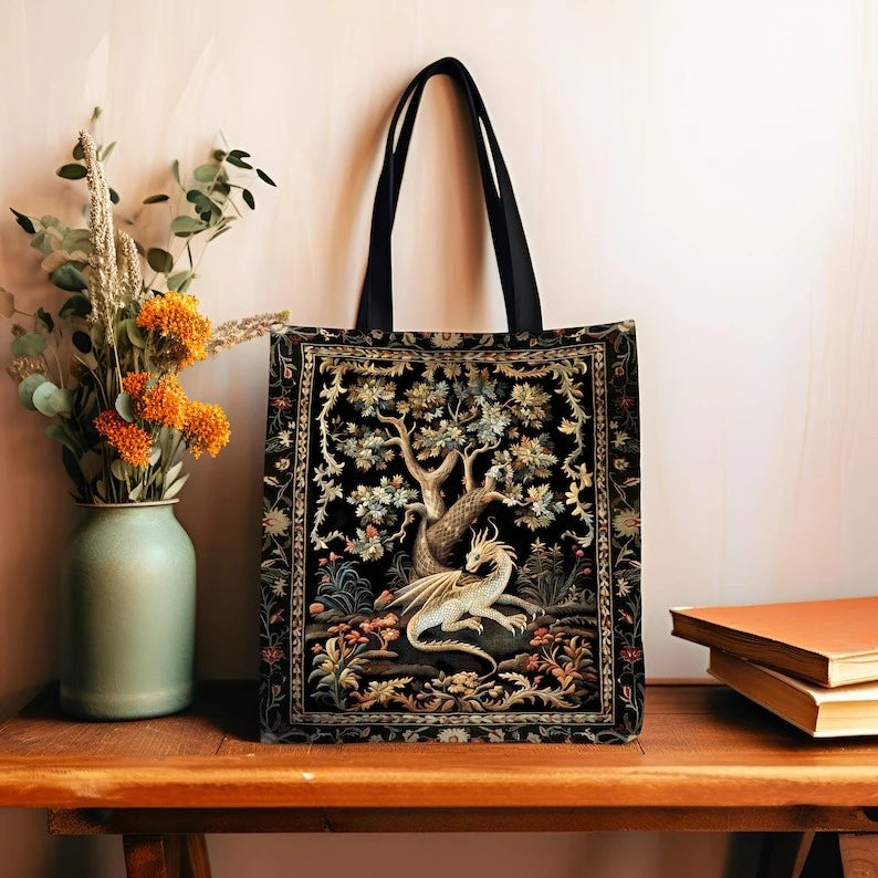Fantasy Inspired Dragon Tote Bag Fairy Tale Magic Forest Core Book Bag