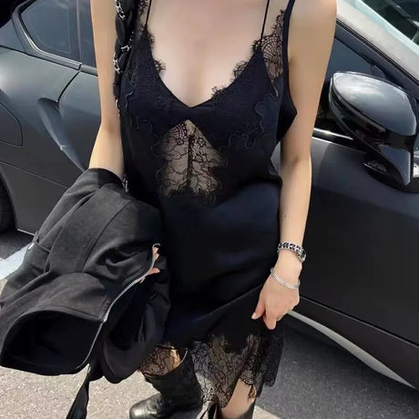 90s Lace Slip Dresses Vintage Silky Deep V-neck Dainty Punk Rock Grunge
