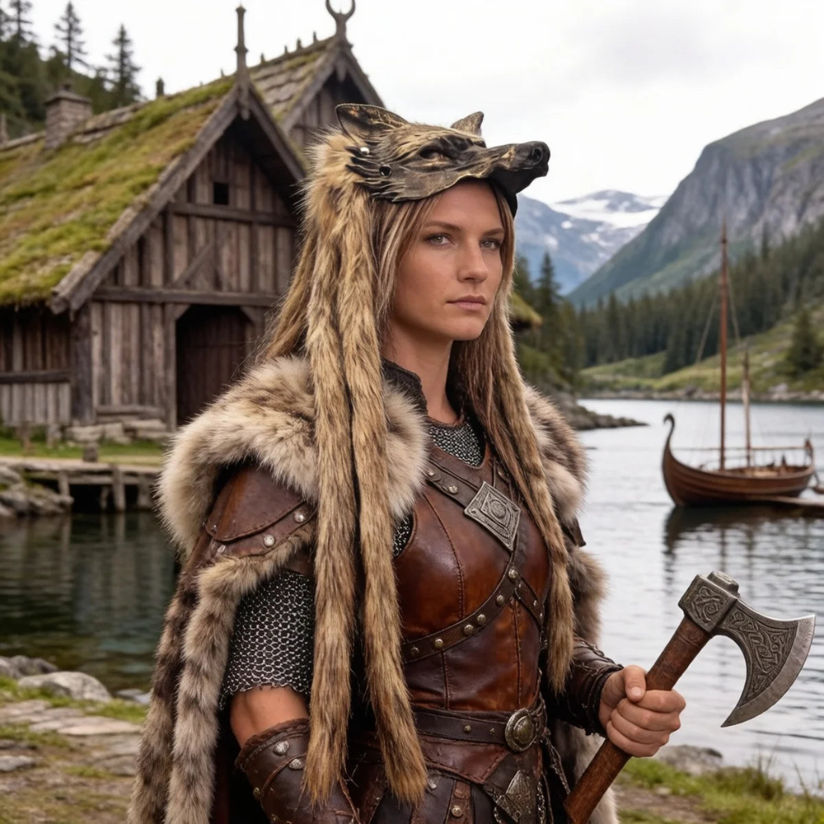 Unisex Viking Faux Fur Headdresses and Wolf Head Masks
