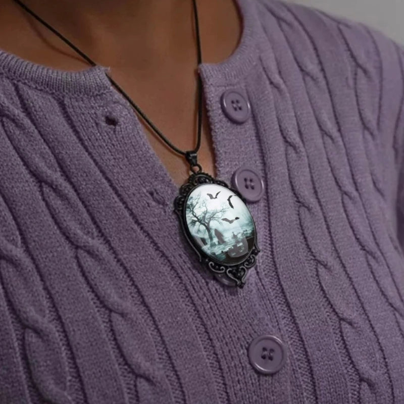 Familiar Black Cat Cameo Necklace Halloween Jewellery