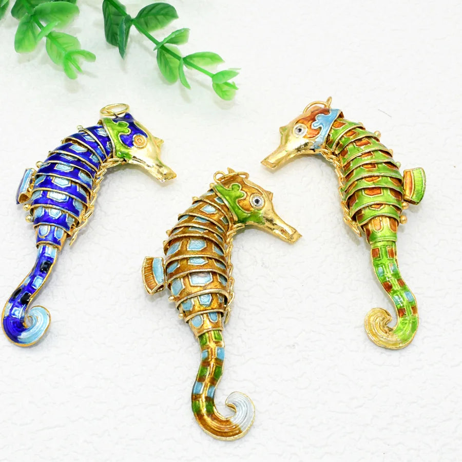 One Big 10cm Seahorse Cloisonné Enamel Movable Joint Pendant Charm DIY Jewellery Making