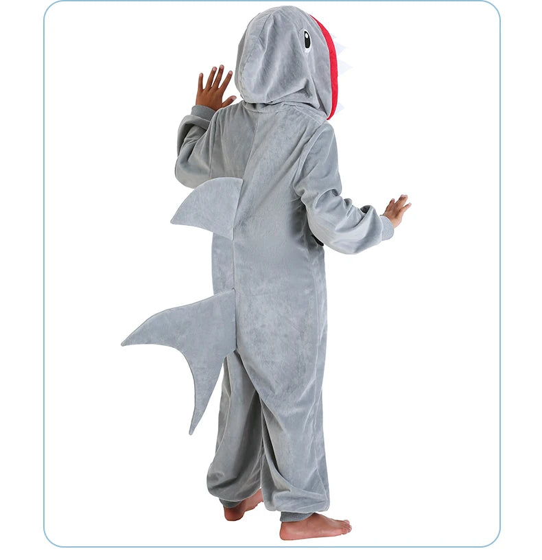 Boys and Girls Grey Shark Kids Outfits Book Week Costume Onsie Hoodie Halloween Fancy Dress Up Play Suit