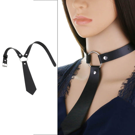 Imitation Leather Black Neck Tie Punk O-Ring Studded Choker Necklace