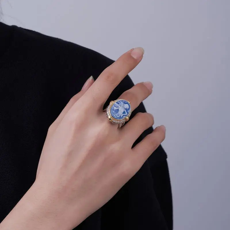 La Belladonna Wraith S925 Sterling Silver Rings Blue Agate White Shell Full Zircon Portrait Jewellery