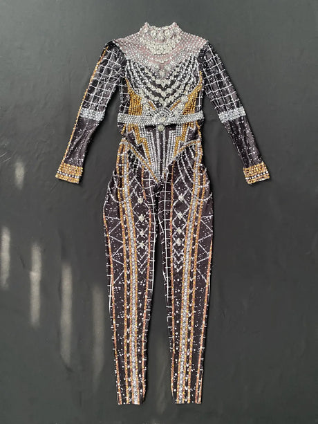 Shining Bedazzled Bodycon Bodysuit Showgirl Performance Costumes