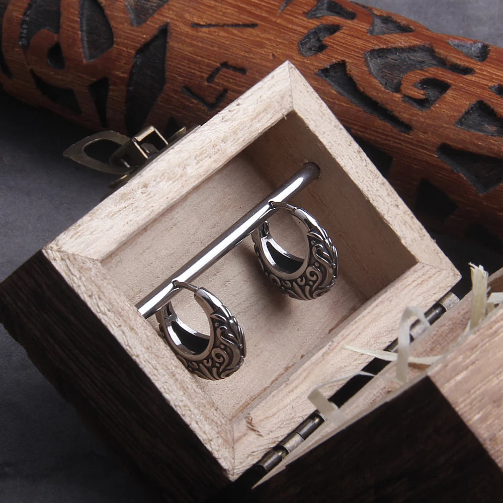 Filigree Stainless Steel Huggie Earrings for Men with Wooden Box