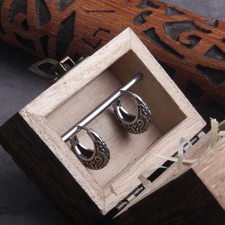 Filigree Stainless Steel Huggie Earrings for Men with Wooden Box