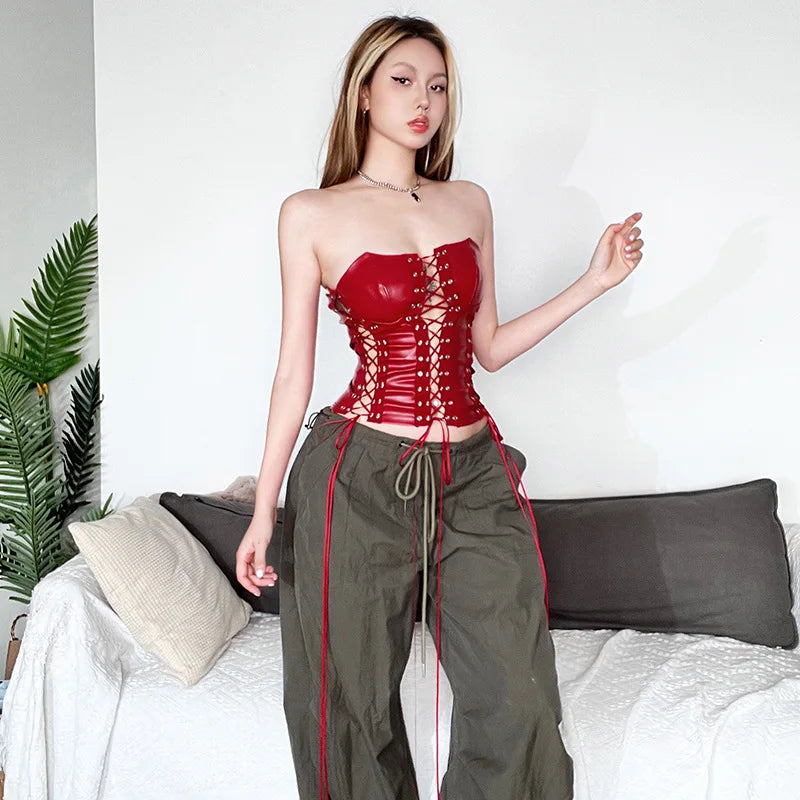 Red's Lace-up PU Leather Corsets