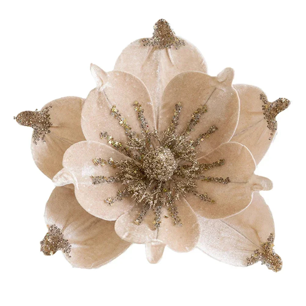 24cm Large Glitter Christmas Flowers Artificial Magnolia Flower Ornament Floral Xmas Tree Decorations