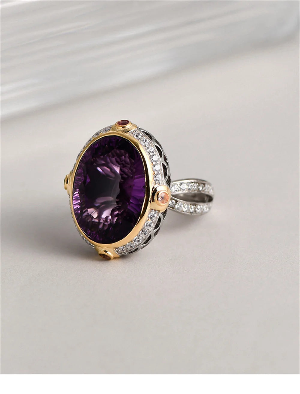 Lady of the Depths S925 Sterling Silver Ring Natural Amethyst Occidental Topaz Zircon
