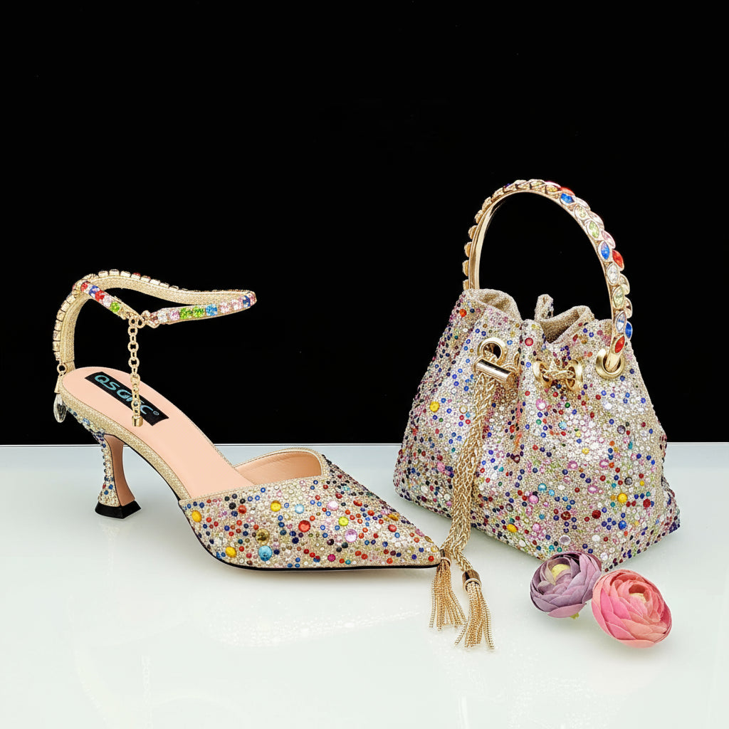 Diamond Confetti Pointed Shoes and Matching Bag Party Heels