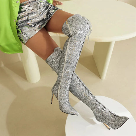 Gold Silver Red Lace-Up Over the Knee High Stiletto Boots
