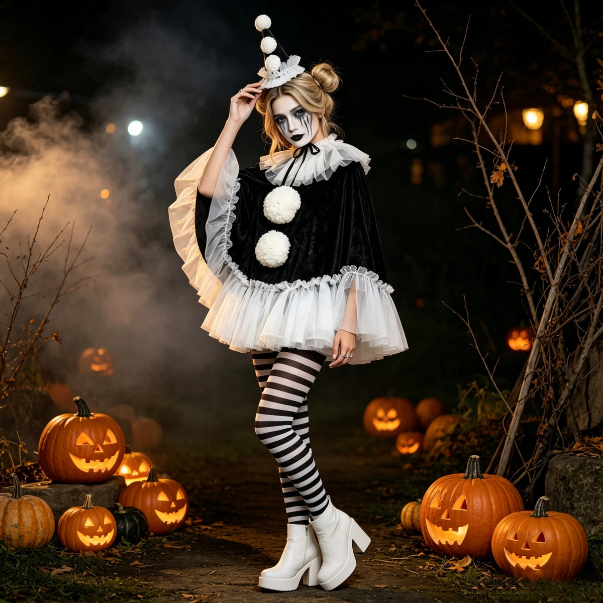 Women Pierrot Clown Costume 3Pcs Halloween Clown Cosplay Set