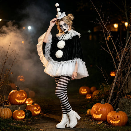 Women Pierrot Clown Costume 3Pcs Halloween Clown Cosplay Set