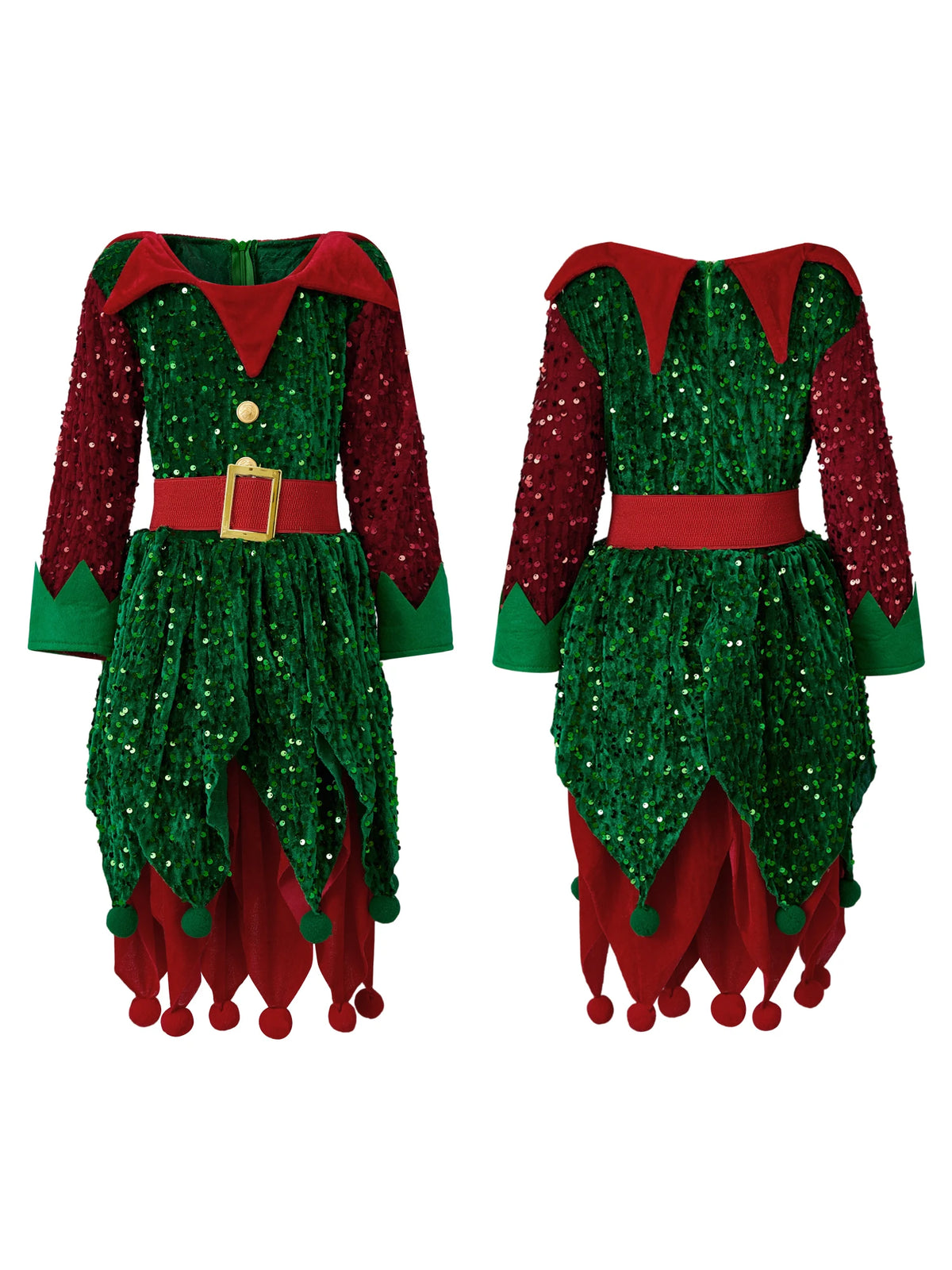 4 Pcs Kids Christmas Costumes Girls Santa's Elf Costume Sequinned Elf Dress Shoes Stockings and Hat