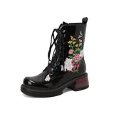 Wildflower Embroidery Lace Up Ankle Boots Black Platform Chunky Heels Large Sizes