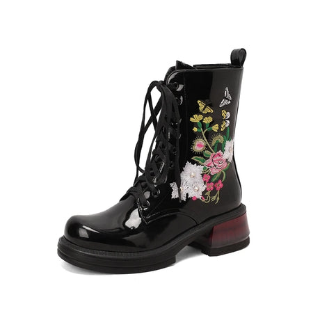 Wildflower Embroidery Lace Up Ankle Boots Black Platform Chunky Heels Large Sizes