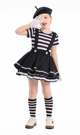 French Mime Pantomime Actor Clown Halloween Girls Stage Performance Costume Outfits Top+Strappy skirt+Hat+Gloves