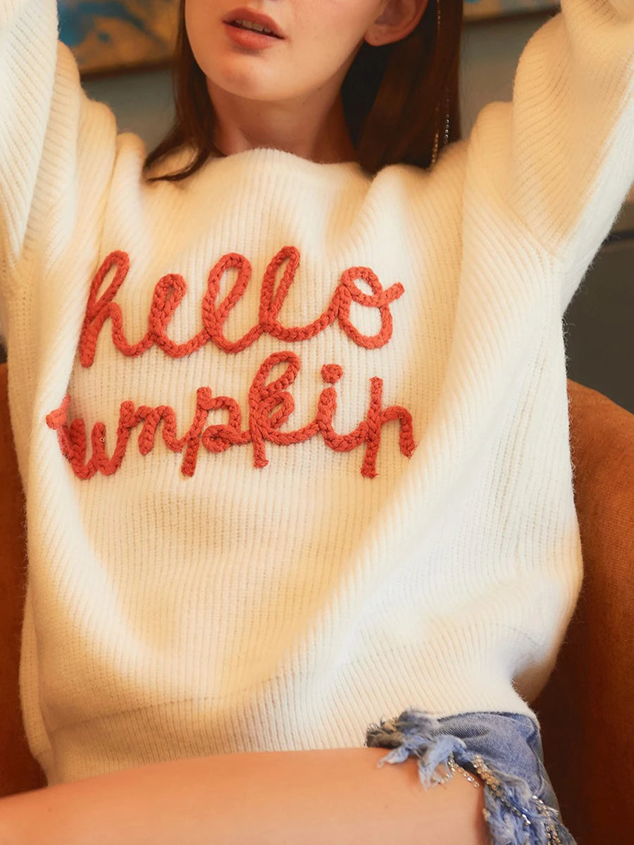 Hello Pumpkin Halloween Sweater Letter Embroidery Knit Fall Winter Pullover