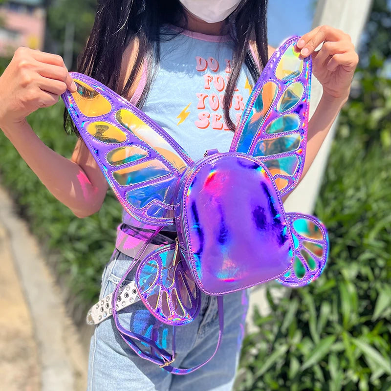 Mini Backpack Butterfly Wings Daypack Holographic Leather