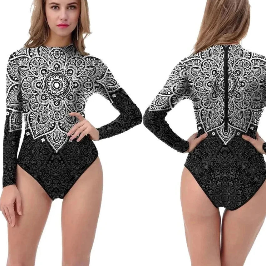 Mandala Printed Long Sleeve Swimwear One-piece Surfing Swimsuit