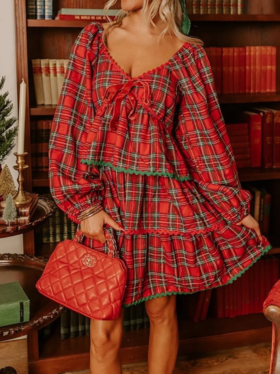 Plaid Christmas Babydoll Mini Dress Long Sleeve Christmas Party Dress