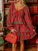 Plaid Christmas Babydoll Mini Dress Long Sleeve Christmas Party Dress