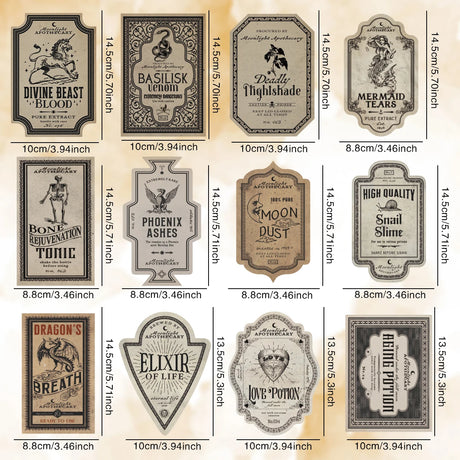 Gothic Style Potion Stickers 12pcs Apothecary Bottle Labels