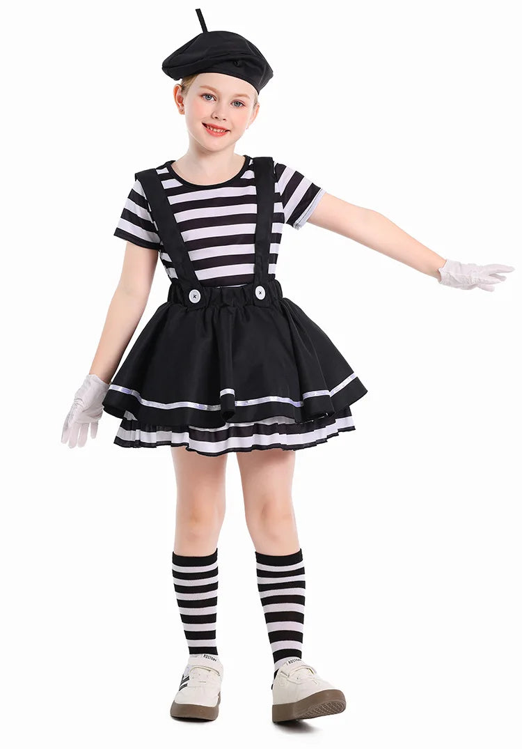 French Mime Pantomime Actor Clown Halloween Girls Stage Performance Costume Outfits Top+Strappy skirt+Hat+Gloves