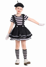 French Mime Pantomime Actor Clown Halloween Girls Stage Performance Costume Outfits Top+Strappy skirt+Hat+Gloves