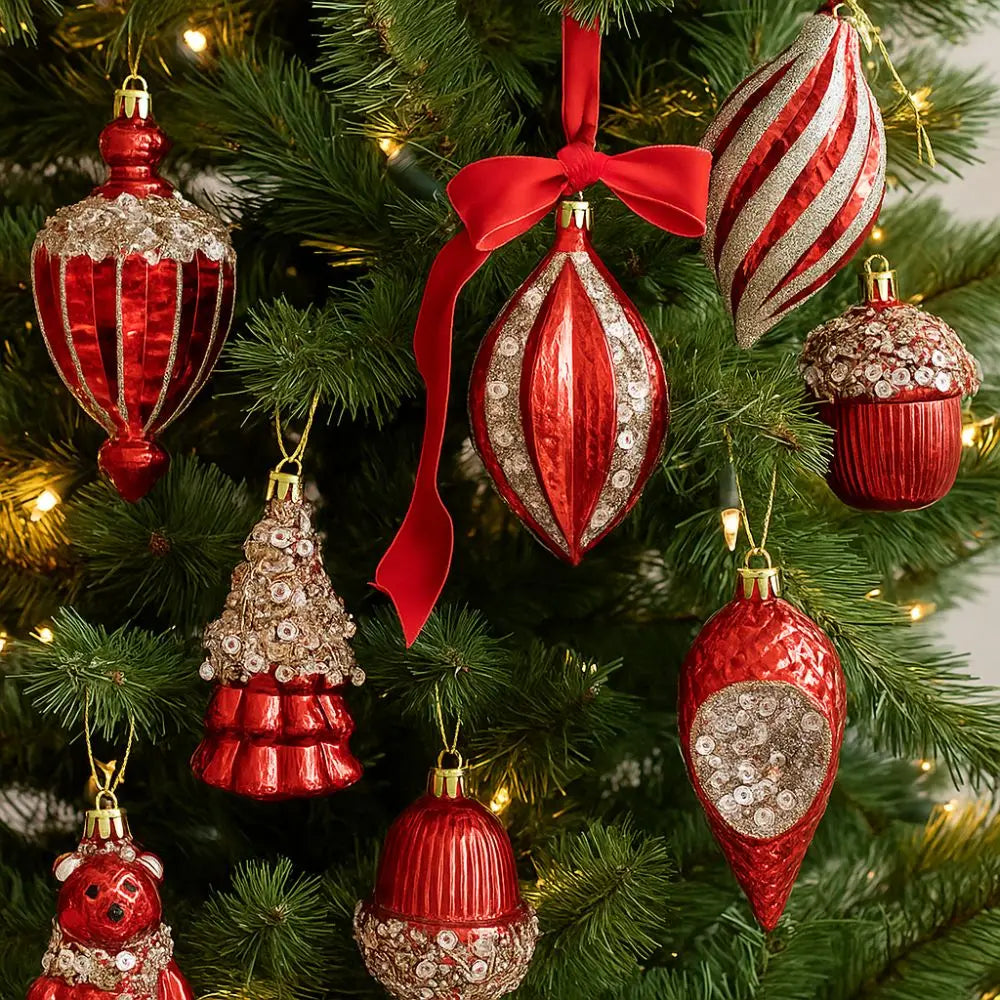 Red Christmas Tree Ornaments Shatterproof Plastic Glitter Little Bear Balls Acorn