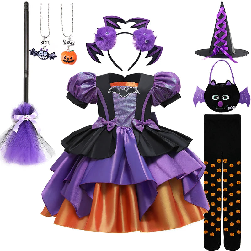 Halloween Bat Cosplay Purple Orange Witch Dress for Girls Children's Costumes