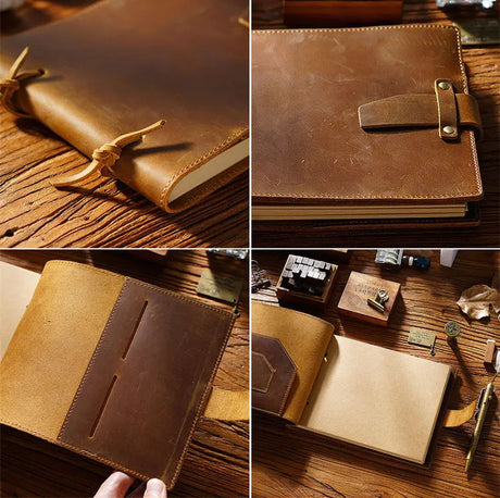 Stitched Genuine Leather Notebook 6 Colours Handmade Journal with Lock Blank Kraft Paper 200 Pages Sketchbook