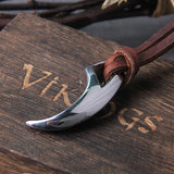 Viking Wolf Fang Stainless Steel Pendant Necklace For Men with Wooden Gift Box