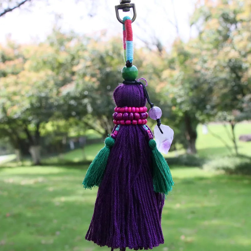 Boho Colourful Crystal and Beading Tassel Keychains Amethysts Purple Crystal Charm Long Tassel Keyrings Hanging Decor