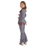 Kids Girls Halloween Harlequin Circus Clown Cosplay Costume Pom Poms Checkerboard Jumpsuit