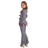 Kids Girls Halloween Harlequin Circus Clown Cosplay Costume Pom Poms Checkerboard Jumpsuit