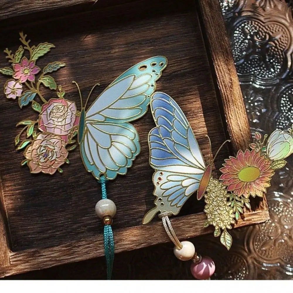 Butterfly Flowers Metal Tassel Bookmarks