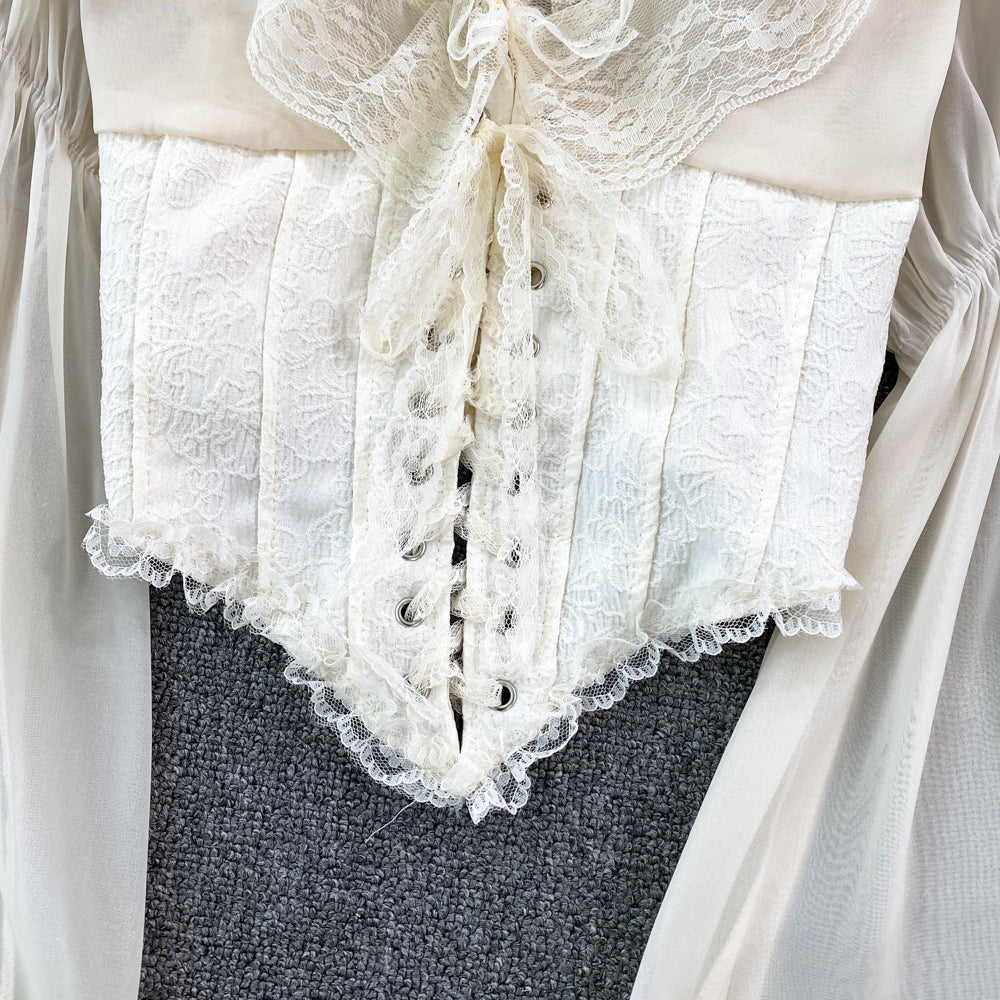 French Court Blouse Chiffon Lace Lace-up Top