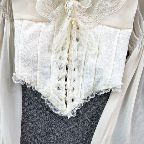 French Court Blouse Chiffon Lace Lace-up Top