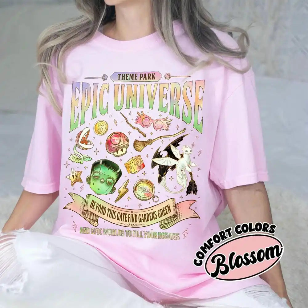 Epic Universe Unisex Tee Cotton T-Shirt Fantasy Family Theme Park Trip Orlando Park