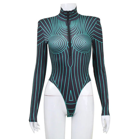 Neon Techy Bodysuit Night Club Festival High Neck Printed Long Sleeve