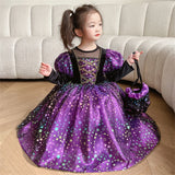 Purple Witch Girls Halloween Costume Star Tulle Party Dresses with Props